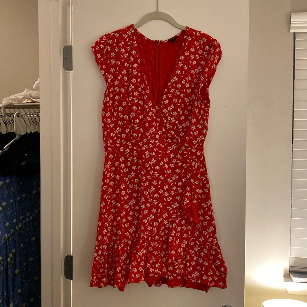Red J Crew Cap Sleeve Faux Wrap Dress